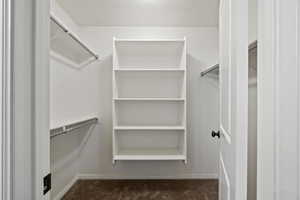 Spacious closet featuring dark colored carpet