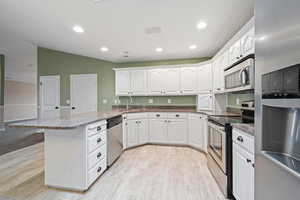 Kitchen with sink, white cabinetry, kitchen peninsula, and stainless steel appliances