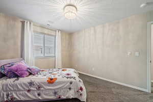 Bedroom featuring carpet floors and a textured ceiling