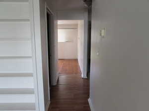 Hallway with dark hardwood / wood-style flooring