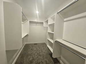 Walk in closet with dark colored carpet