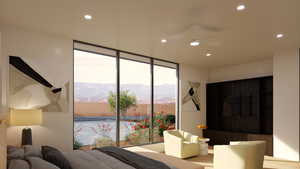 Bedroom featuring a mountain view and ceiling fan. Casita