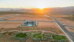 Aerial view at dusk with a mountain view