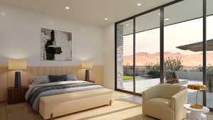 Bedroom with expansive windows, access to exterior, a mountain view, and wood-type flooring