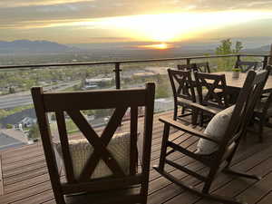 Deck at dusk with a mountain view