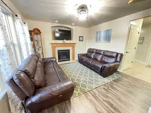 Living room featuring a textured ceiling, a wealth of natural light, and hardwood / wood-style floors