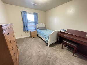 Bedroom with carpet floors and a textured ceiling