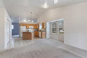 Family room, kitchen, dining area.