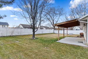 Backyard with covered patio, auto sprinkler system and mature trees.