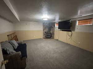 Basement featuring a textured ceiling, carpet, and a wood stove