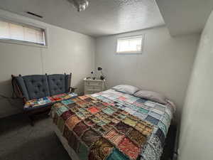 Bedroom featuring carpet floors and a textured ceiling