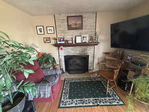 Living room featuring a stone fireplace and a textured ceiling