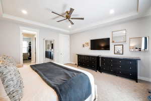 Carpeted bedroom with ceiling fan and a tray ceiling