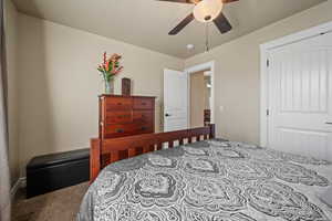 Carpeted bedroom featuring ceiling fan