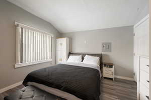 Bedroom featuring dark hardwood / wood-style flooring, lofted ceiling, and electric panel