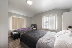 Bedroom featuring vaulted ceiling and dark wood-type flooring