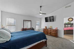 Carpeted bedroom with ceiling fan, multiple windows, and lofted ceiling