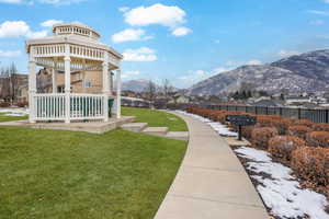 View of yard with a gazebo and a mountain view