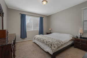 Bedroom featuring light carpet