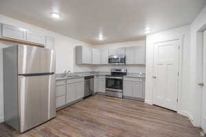 Kitchen featuring dark wood-type flooring, appliances with stainless steel finishes, gray cabinetry, and sink