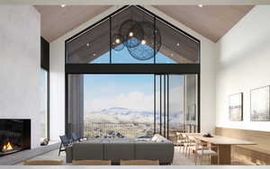 Living room with high vaulted ceiling, a mountain view, and wooden ceiling