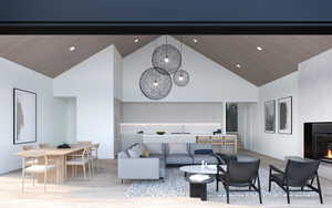 Living room featuring high vaulted ceiling, wooden ceiling, a large fireplace, and light hardwood / wood-style flooring