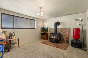 Basement living room, with wood burning stove