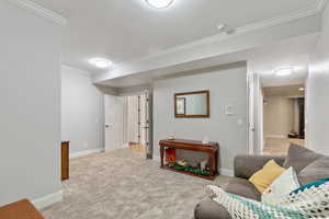 Living room with light colored carpet and ornamental molding