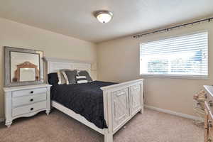 Bedroom with light colored carpet