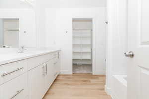 Bathroom with vanity, wood-type flooring, and a bathing tub