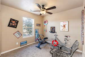 Exercise area with ceiling fan and carpet