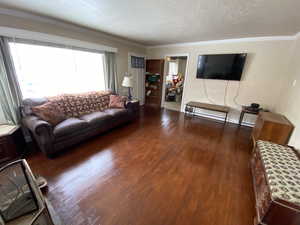 Living room featuring a textured ceiling, dark hardwood / wood-style floors, and ornamental molding