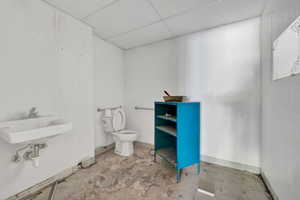 Bathroom featuring toilet, concrete floors, a drop ceiling, and sink