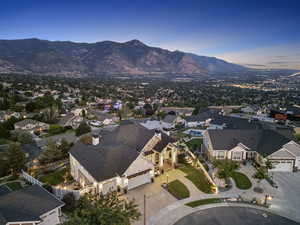 Aerial view at dusk with a mountain view