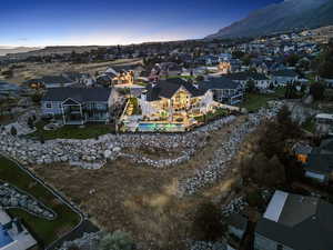 Aerial view at dusk with a mountain view