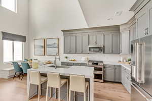 Kitchen with a kitchen bar, gray cabinets, stainless steel appliances, a kitchen island with sink, and sink