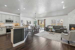 Great room with dark hardwood / wood-style flooring, plenty of natural light, lofted ceiling, a fireplace, & plantation shutters.