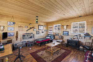 Living room featuring wood ceiling, a wood stove, hardwood / wood-style floors, and wooden walls