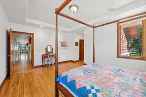 Bedroom with light wood-type flooring and a raised ceiling