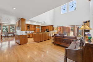 Living room with light hardwood / wood-style floors and a towering ceiling