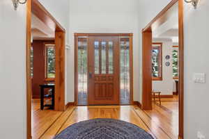 Foyer with light wood-type flooring and plenty of natural light