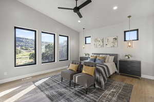 Bedroom with ceiling fan, lofted ceiling, and wood-type flooring