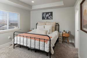 Carpeted bedroom featuring a raised ceiling