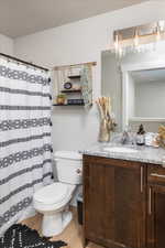 Bathroom with hardwood / wood-style floors, toilet, and vanity