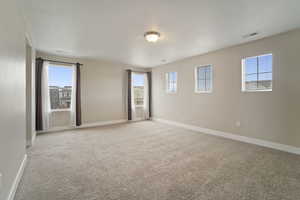 Empty room with light colored carpet and a wealth of natural light