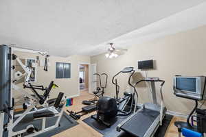 Workout room with carpet, ceiling fan, a textured ceiling, and electric panel