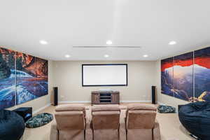 Cinema room featuring carpet flooring