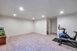 Exercise area with light colored carpet