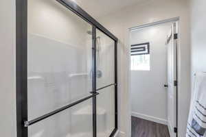 Bathroom featuring wood-type flooring and walk in shower