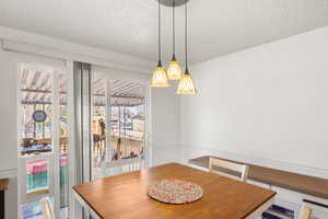 Dining area featuring a textured ceiling